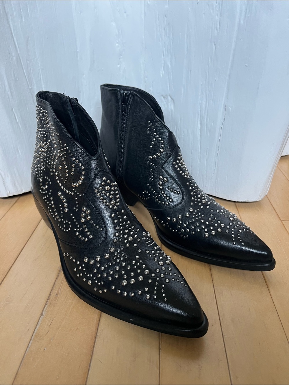 Women's Black Studded Pointed Ankle Booties